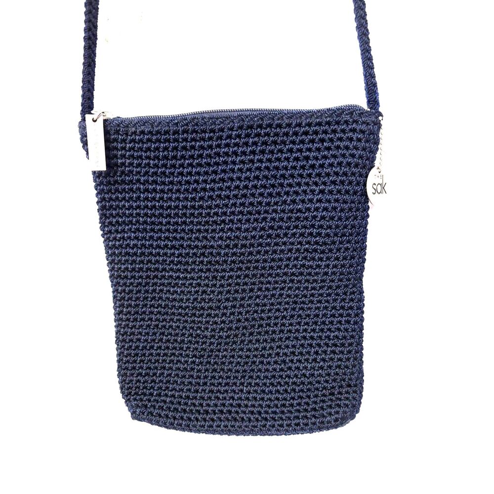 The Sak Navy Crochet Knit Crossbody Bag Zip Top Boho Minimalist Purse